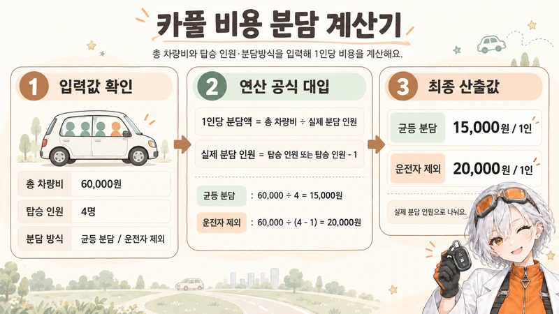 카풀 비용 분담 계산기 계산 방법 및 공식