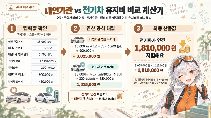 내연기관 vs 전기차 유지비 비교 계산기 계산 방법 및 공식