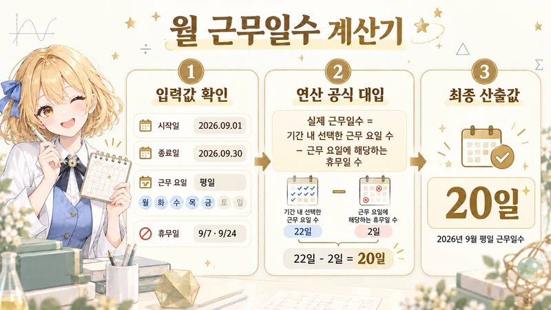 월 근무일수 계산기 계산 방법 및 공식