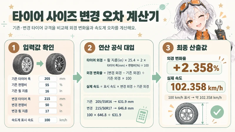 타이어 사이즈 변경 오차 계산기 계산 방법 및 공식